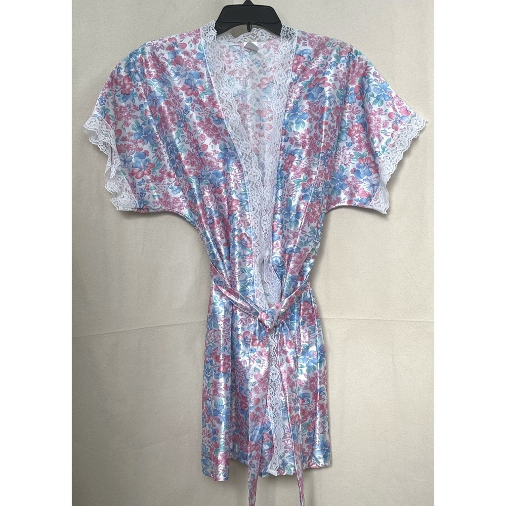 Private Moments Feminine Floral Lace Trim Kimono Robe Nightie Tie Belt M USA Vtg